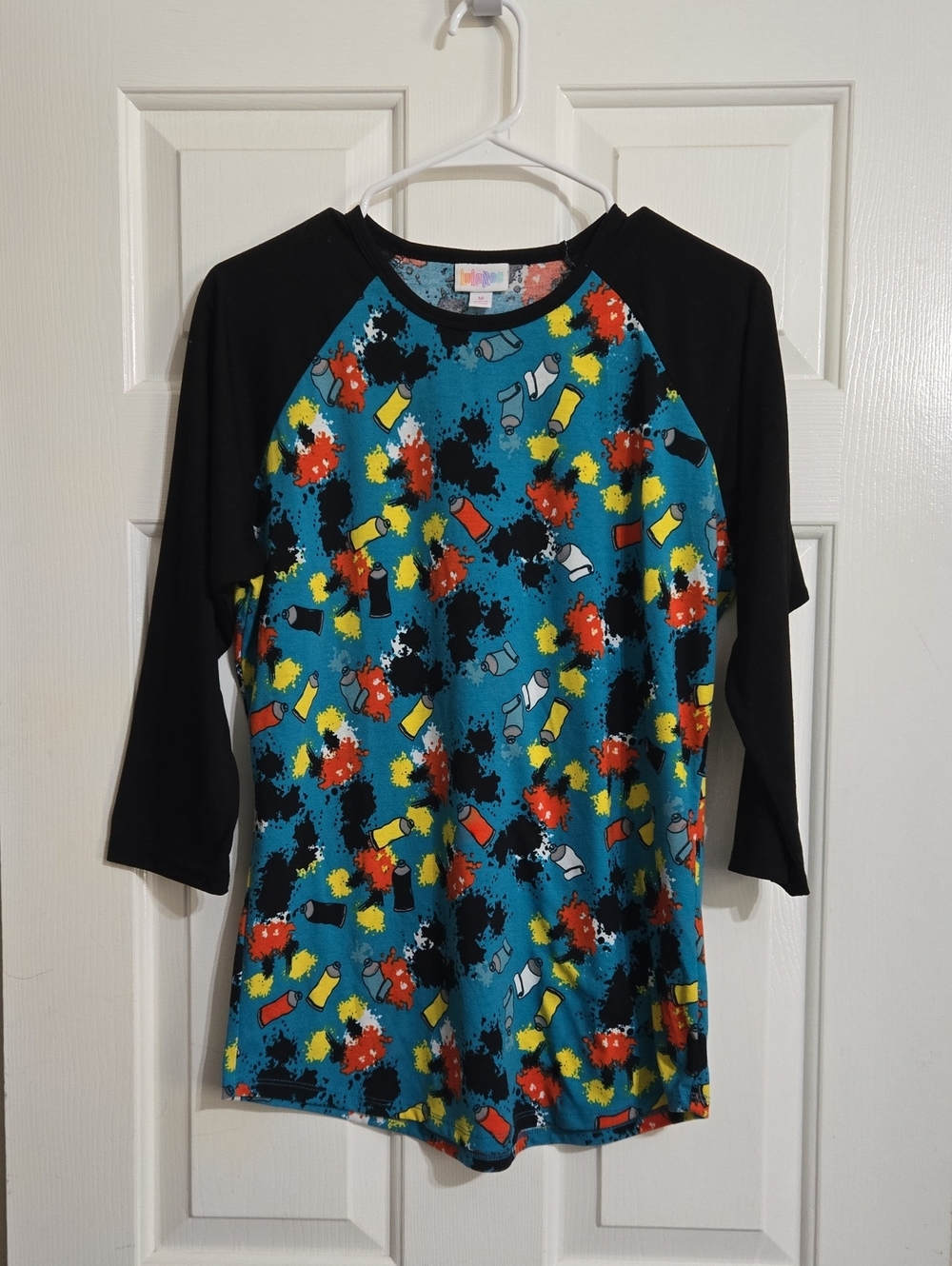 LuLaRoe Teal Paint-Splash Raglan Top with MICKEY MOUSE and Black Sleeves